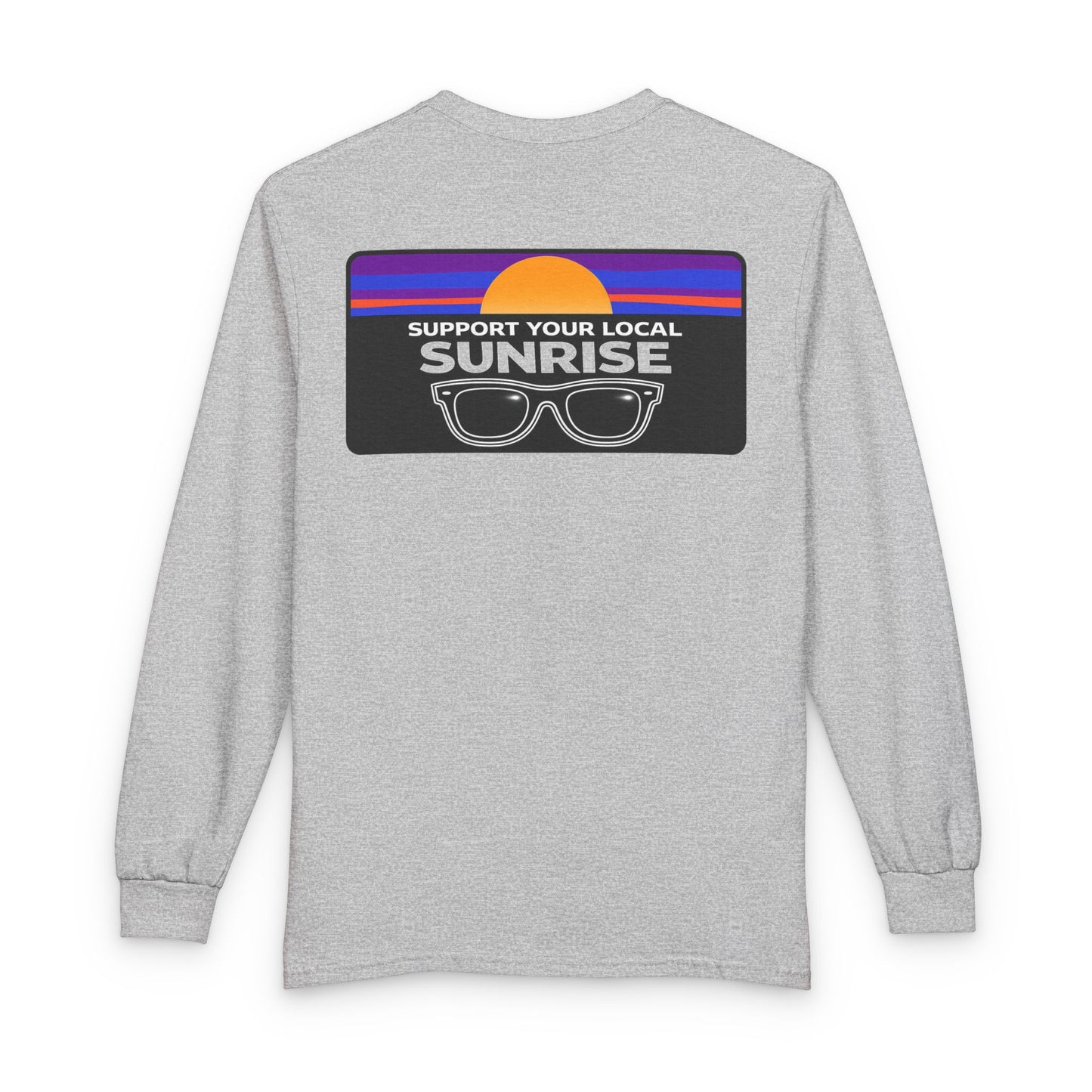 Support Your Local Sunrise Long Sleeve Tee — Retro Sunglasses Sunset Graphic