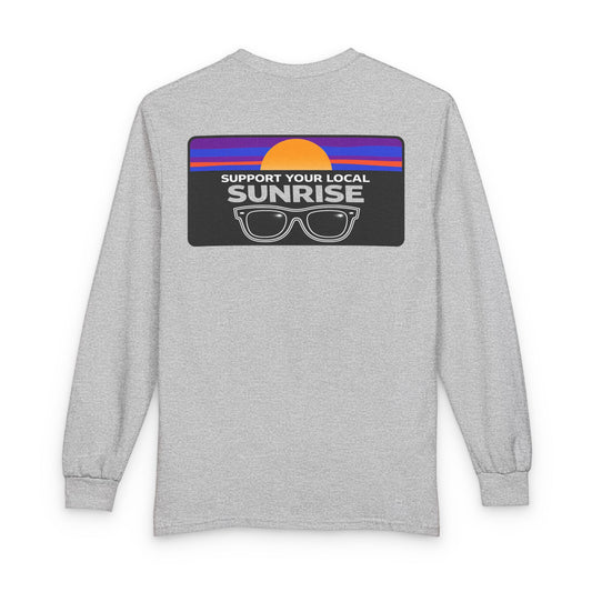 Support Your Local Sunrise Long Sleeve Tee — Retro Sunglasses Sunset Graphic