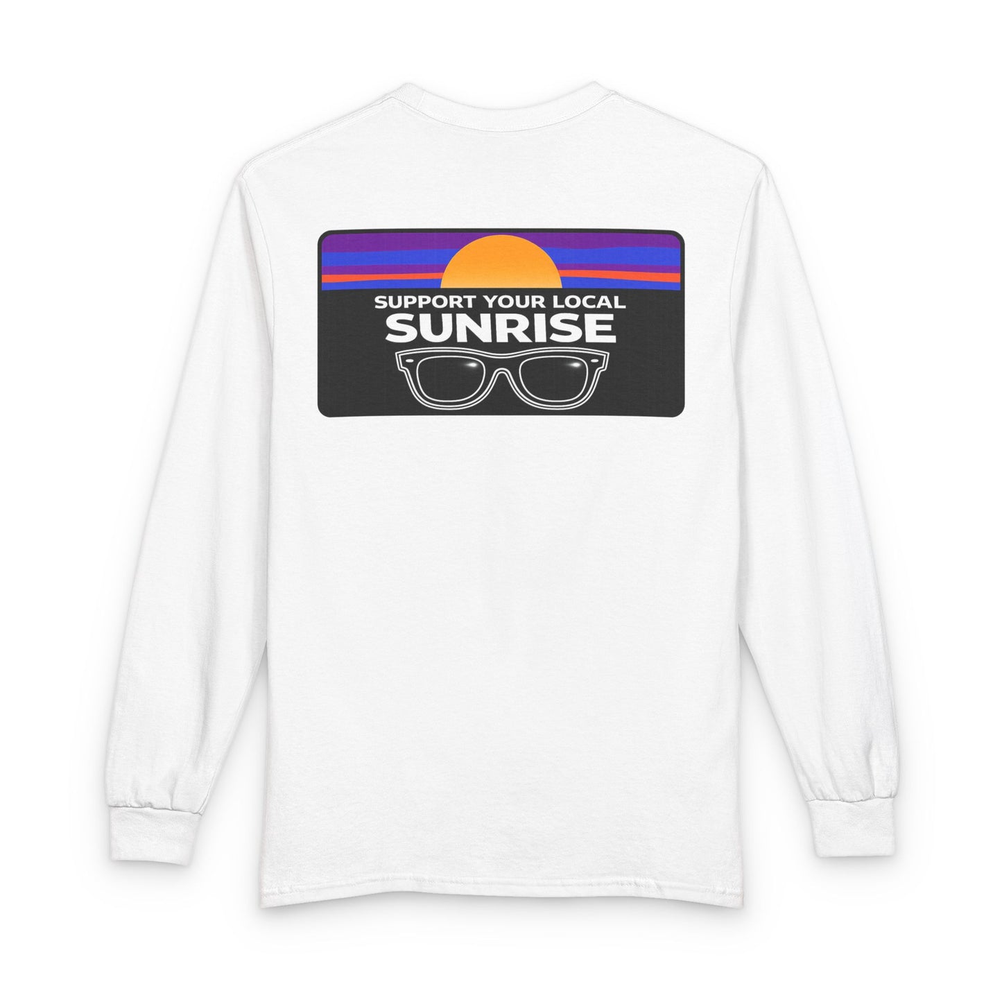 Support Your Local Sunrise Long Sleeve Tee — Retro Sunglasses Sunset Graphic
